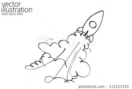 Continuous rocket one line silhouette. Hand drawing sketch spaceship creative idea concept. Black white launch shuttle technology vector illustration 113223785