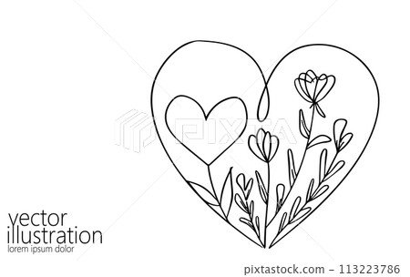 Heart with flowers single continuous line art. Romantic love date relationship couple silhouette concept design one sketch outline drawing white vector illustration Heart with flowers single continuous line art. Romantic love date relationship couple silhouette concept design one sketch outline drawing white vector illustration 113223786
