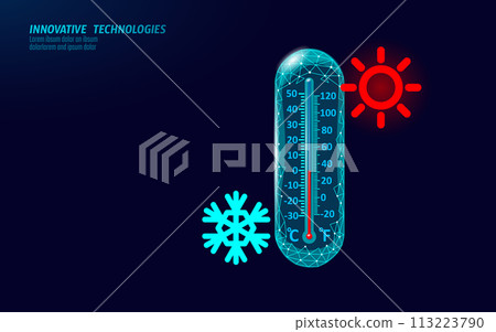 Cryotherapy thermometer cold temperature. Medical skin dermatology treatment. Ice Age global 3D low poly body cure vector illustration 113223790
