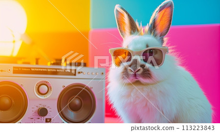 real fluffy bunny in sunglasses near big retro tape recorder , bright background 113223843