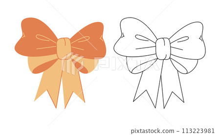 Doodle voluminous hair bows. Colored, black and white vector illustration. 113223981