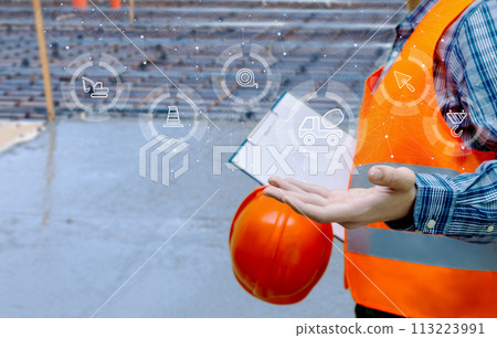 Builder displays concrete mixer icon. Builder displays concrete mixer icon. 113223991