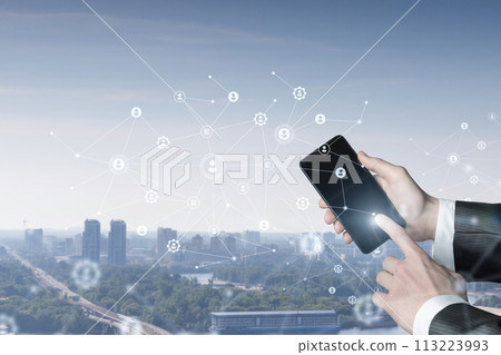 Concept of work on the city network by means of a phone. Concept of work on the city network by means of a phone. 113223993