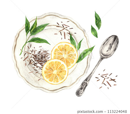 Watercolor composition, top view with plate, spoon, loose tea, spoon and lemon. Illustration is hand drawn, suitable for menu design, packaging, poster, website, textile, invitation, brochure, fabric. Watercolor composition, top view with plate, spoon, loose tea, spoon and lemon. Illustration is hand drawn, suitable for menu design, packaging, poster, website, textile, invitation, brochure, fabric. 113224048