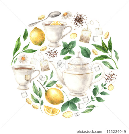 Watercolor round composition of mug, teapot, lemon, mint, chamomile, ginger, sugar, tea. The illustration is drawn by hand. Drawing for menu design, packaging, poster, website, textile, invitations. Watercolor round composition of mug, teapot, lemon, mint, chamomile, ginger, sugar, tea. The illustration is drawn by hand. Drawing for menu design, packaging, poster, website, textile, invitations. 113224049