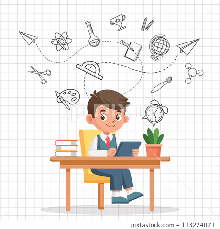 Education concept banner. Cute schoolboy sitting at his desk and studying on a checkered background with science icons. Illustration. Vector 113224071