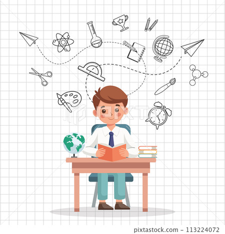Education concept banner. Cute schoolboy sitting at his desk and studying on a checkered background with science icons. Illustration. Vector 113224072