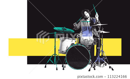Monochrome image of man playing drums over colorful background with abstract elements. Contemporary art collage. 113224166