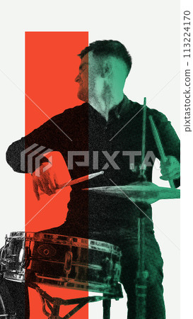 Emotional young man playing drums. Monochrome image with duotone elements. Contemporary art collage. 113224170