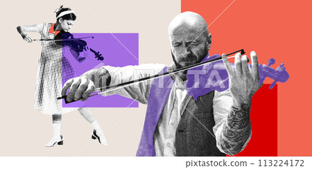 Young girl and man, musicians playing violin. Monochrome and color. Classical music compositions. Contemporary art collage. Young girl and man, musicians playing violin. Monochrome and color. Classical music compositions. Contemporary art collage. 113224172