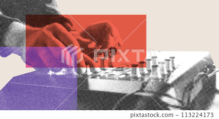 Male hands on dj mixer. Monochrome grainy image with colorful elements. Nightclub music show. Contemporary art collage. Male hands on dj mixer. Monochrome grainy image with colorful elements. Nightclub music show. Contemporary art collage. 113224173