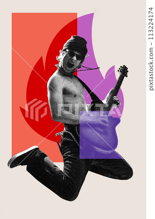 Rock and roll. Emotional young guy playing electric guitar. Monochrome photo with colorful design elements. Contemporary art collage. Rock and roll. Emotional young guy playing electric guitar. Monochrome photo with colorful design elements. Contemporary art collage. 113224174