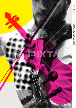 Monochrome close-up photo of man playing violin. Abstract colorful design elements. Contemporary art collage. Monochrome close-up photo of man playing violin. Abstract colorful design elements. Contemporary art collage. 113224175