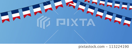France web banner with copy space. French national hanging flags rectangular horizontal vector background 113224190