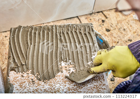 Cement mortar of tile adhesive is applied to tiles using notched trowel. Cement mortar of tile adhesive is applied to tiles using notched trowel. 113224317