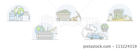 Environmental Issues and World Resources Destruction Line Vector Set 113224319