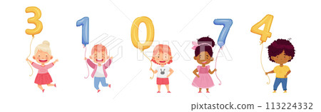 Little Children Holding Number Balloon on String Vector Set Little Children Holding Number Balloon on String Vector Set 113224332
