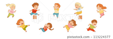 Happy Kid Running Rush Forward and Hurry Vector Set Happy Kid Running Rush Forward and Hurry Vector Set 113224377
