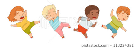 Happy Kid Running Rush Forward and Hurry Vector Set 113224381