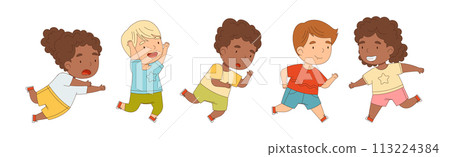 Happy Kid Running Rush Forward and Hurry Vector Set 113224384