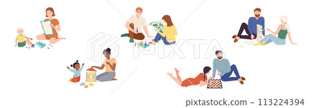 People Character Playing Board Games Spend Time Together Vector Set 113224394