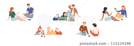 People Character Playing Board Games Spend Time Together Vector Set 113224396