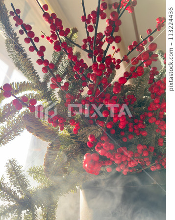 a bouquet of branches with red berries and fir branches in smoke in sunny weather, the rays of the sun through the branches 113224436