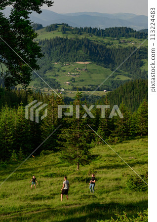 Mother and sons play frisbee. Mother and sons play frisbee. 113224483