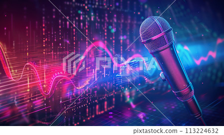 Microphone and sound waves on vibrant multicolored backdrop. Audio grid Microphone and sound waves on vibrant multicolored backdrop. Audio grid 113224632