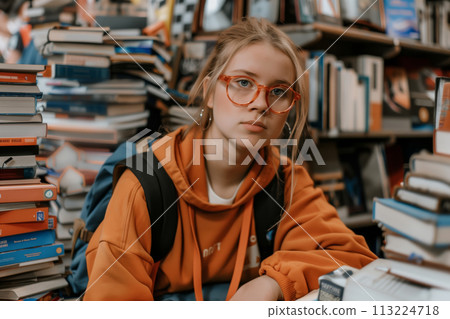 Young woman in a room full of books Young woman in a room full of books 113224718