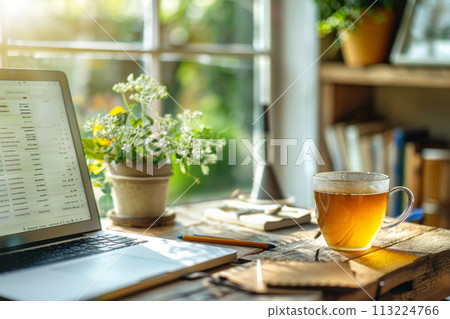 A laptop on a wooden rustic table 113224766