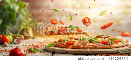 A hot pizza with olives and champignon 113224854