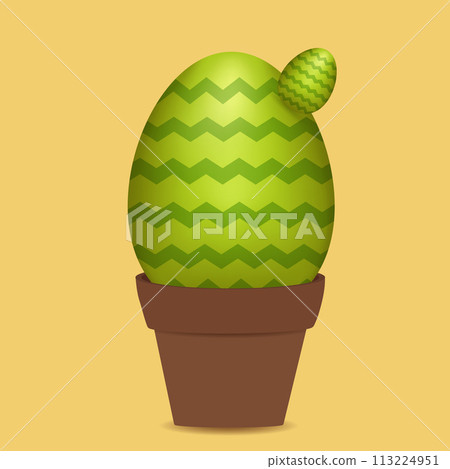 An Easter egg, stylized as a cactus, stands in a brown flower pot on a mustard background. Vector color drawing 113224951