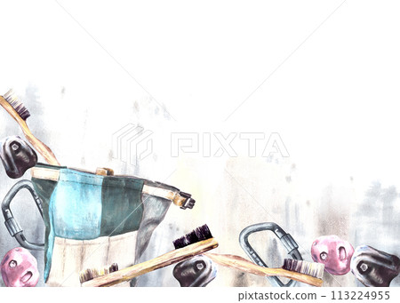 Watercolor bouldering clipart, climbing stones, grips, magnesium brush, bag, safety carabiners. Sport hiking equipment banner on watercolor splashes stains background. Hand drawn illustration Isolated 113224955
