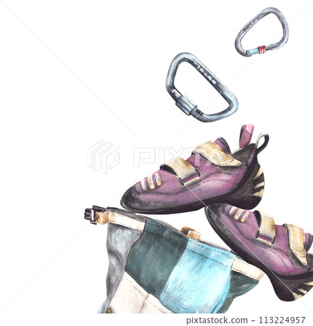Watercolor bouldering, climbing magnesium bag with pockets, shoes, and safety carabiners . Sport equipment. Hand painted illustration Design for card, booklet, banner print. Isolated white background 113224957