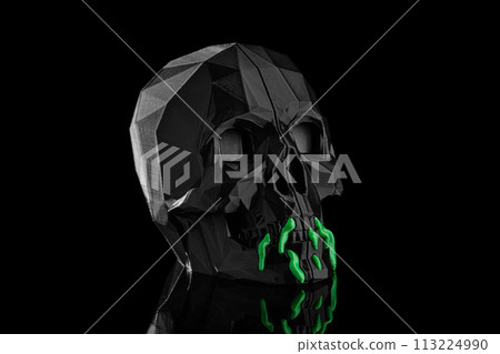 Black skull on a black background with reflection. 113224990