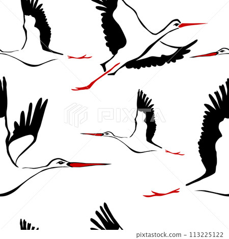 Seamless pattern with flying birds. Crane. Heron. Japanese pattern. Ornament with oriental motifs. Not AI, Vector illustration Seamless pattern with flying birds. Crane. Heron. Japanese pattern. Ornament with oriental motifs. Not AI, Vector illustration 113225122