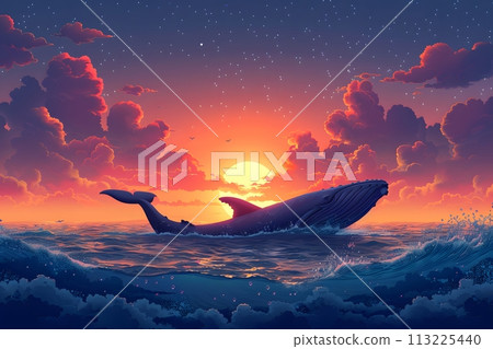 A Whale Swimming in the Ocean at Sunset Generative AI A Whale Swimming in the Ocean at Sunset Generative AI 113225440