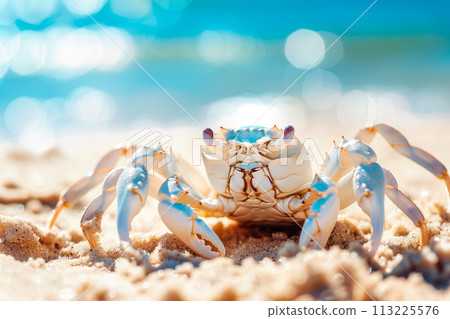 Extreme close-up of a ghost crab or crustacean on a sandy beach, sunny day Extreme close-up of a ghost crab or crustacean on a sandy beach, sunny day 113225576