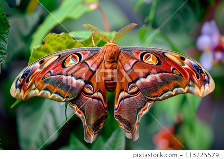 A vibrant Atlas moth butterfly, wing with eye-like markings and orange-brown hues rests among the foliage of a garden. 113225579