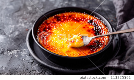 A classic Creme brulee, served in a ramekin, with a spoon breaking through the caramelized surface of the dessert. 113225591