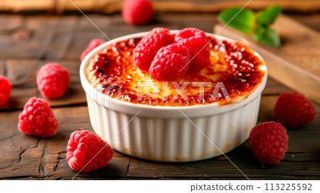 Creme brulee served in a classic ramekin, combination of creamy custard and caramelized sugar 113225592
