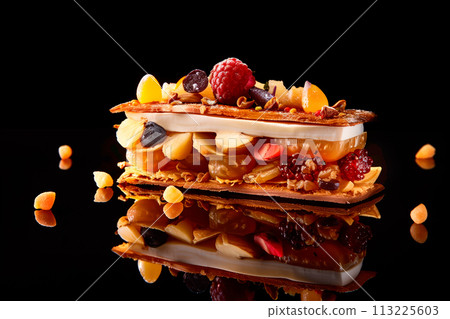Piece of colorful jelly and custard Mille Feuille crepe cake on ceramic plate 113225603