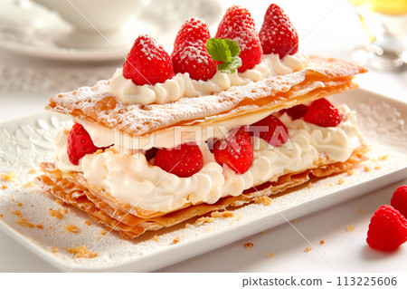French dessert Mille Feuille with custard cream and strawberries on ceramic plate, powdered with sugar 113225606
