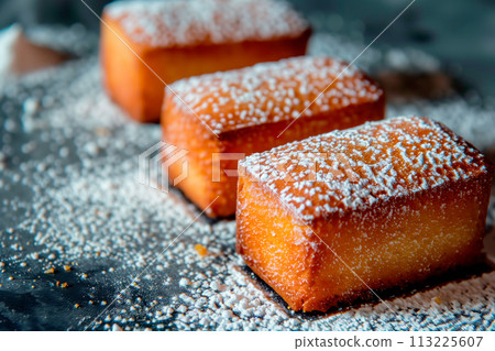Black treacle financiers cake, elegant French pastries with a veil of powdered sugar the dark cakes 113225607
