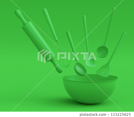 Wooden kitchen utensils, tools and equipment on green monochrome background. Wooden kitchen utensils, tools and equipment on green monochrome background. 113225625