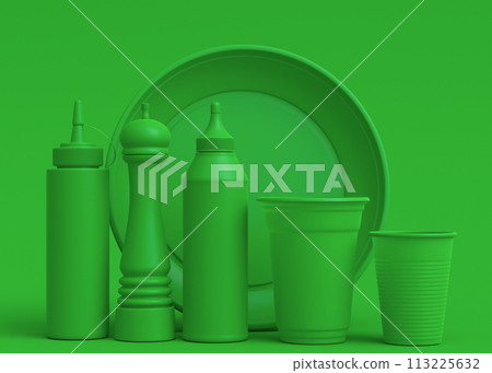 Set of disposable utensils like plate, folk, spoon,knife, cup and pepper mill Set of disposable utensils like plate, folk, spoon,knife, cup and pepper mill 113225632