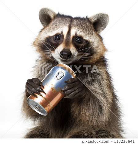 Raccoon is holding a can of beer in its paws, with its masked face looking curiously at can. Raccoon appears to be investigating object. 113225641