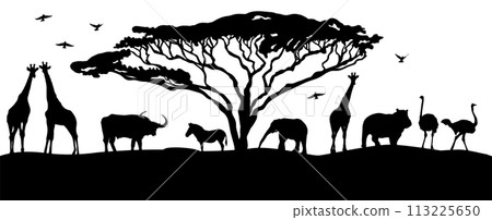 African landscape silhouettes of animals. hand drawing. Not AI, Vector illustration 113225650