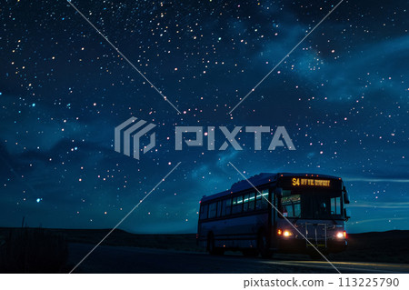 Night Bus Journey Under Starlit Sky Night Bus Journey Under Starlit Sky 113225790